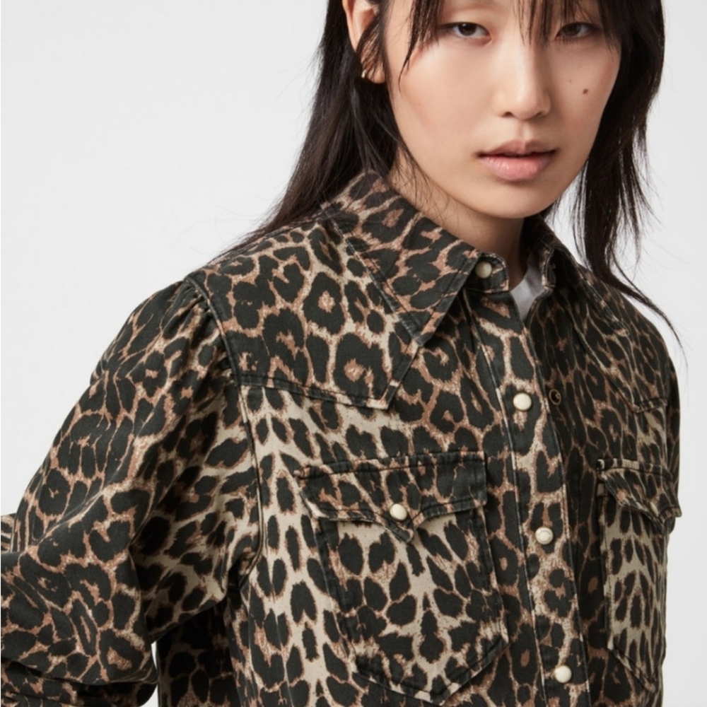 ALLSAINTS Ezra Leopard Print Snap Long Sleeved Jacket Top Size 0 - Picture 4 of 8